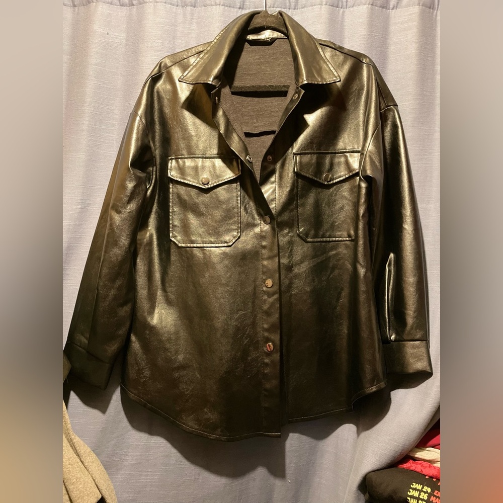 SHEIN Shiny Black Leather Jacket